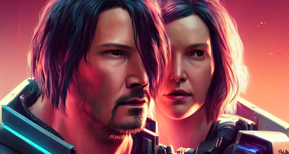 Image similar to a cyberpunk 2077 srcreenshot couple portrait of a Keanu Reeves and a female android in final kiss,love,film lighting,by Laurie Greasley,Lawrence Alma-Tadema,Dan Mumford,John Wick,Speed,Replicas,artstation,deviantart,FAN ART,full of color,Digital painting,face enhance,highly detailed,8K,octane,golden ratio,cinematic lighting