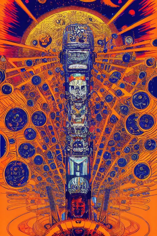 Prompt: a painting of a blazing geometric sun above a totem of robot heads, detailed, 4 k, by stanley donwood philippe druillet and victo ngai, juan gimenez