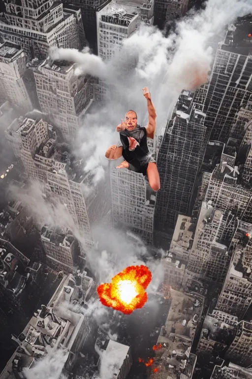 Image similar to !dream a man jumping from a building exploding in New York, explosion aerial view