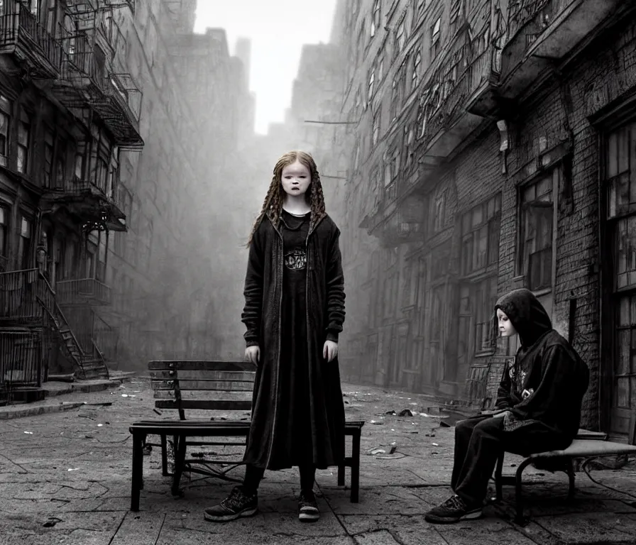 Image similar to mid shot of sadie sink in hoodie sits on bench in ruined square, pedestrians walk by | steampunk tenement windows in background : storyboard, scifi cyberpunk. by gabriel hardman. cinematic atmosphere, detailed and intricate, perfect anatomy