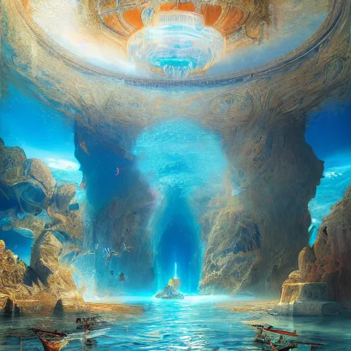 Image similar to a beautiful portrait painting of life in atlantis, masterpiece by famous artist nasreddine dinet and eugene de blaas and rossdraws, path tracing, artstation