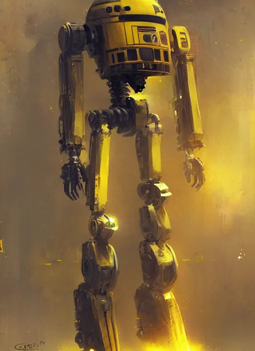 Prompt: tall strong intricate yellow pit droid, pancake short large head painterly mecha, by Greg Rutkowski