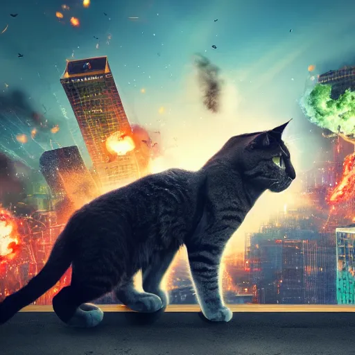 Prompt: giant cat destroying a city, explosions in the background, 4 k,