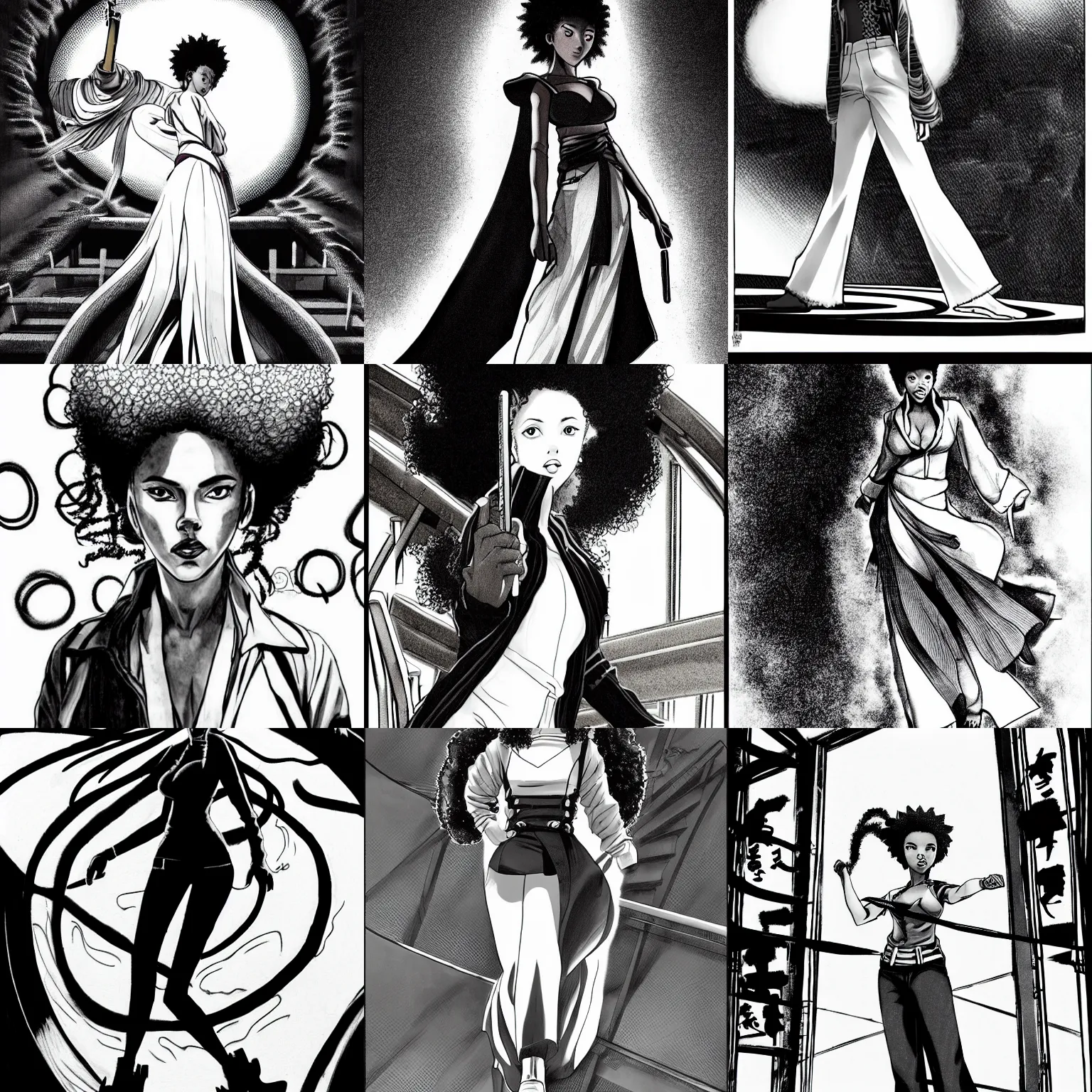 Prompt: scarlett johansson afro samurai anime style, wearing 1 9 7 0 s bellbottoms clothing, black and white, full body profile, walking up infinite spiral staircase, dramatic lighting, pencil and ink