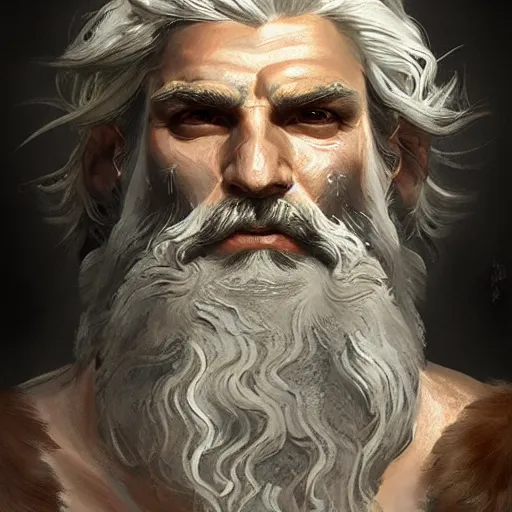 Image similar to painted portrait of rugged zeus, greek god, white hair, masculine, mature, handsome, upper body, muscular, hairy torso, fantasy, intricate, elegant, highly detailed, digital painting, artstation, concept art, smooth, sharp focus, illustration, art by gaston bussiere