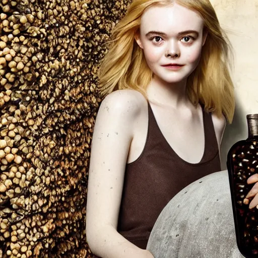 Prompt: Elle Fanning emerges from a barrel filled with olives in oil