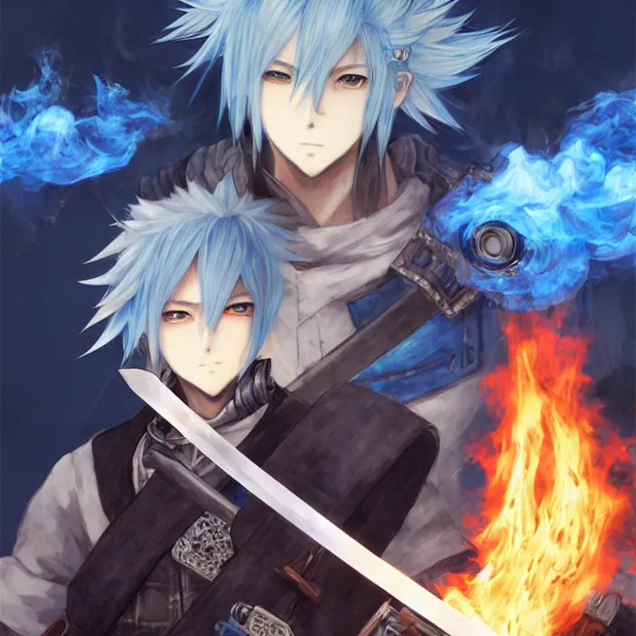 Prompt: anime portrait of blue haired sword wielding male protagonist in a final fantasy game, surrounded by rubble and debris, smoke and flames, atmospheric realistic lighting, extremely detailed, trending on pivix fanbox, art by akihiko yoshida.