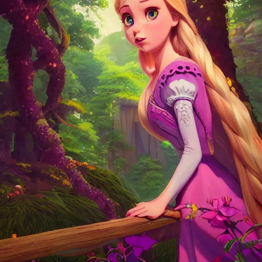 Image similar to portrait of princess rapunzel, tower surrounded by forest background, rich vivid colors, ambient lighting, dynamic lighting, 4k, official media, anime key visual, makoto shinkai, ilya kuvshinov, lois van baarle, rossdraws, detailed, trending on artstation