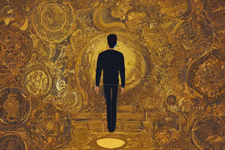 Prompt: man standing inside his own dreams by lina iris viktor, japanese golden decorations, 2 d flat digital illustration, opulent mosaics 4 k