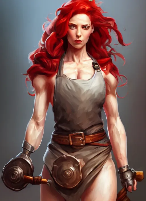 Image similar to a highly detailed illustration of fierce red haired blacksmith woman wearing apron, muscular, dramatic smile pose, intricate, elegant, highly detailed, centered, digital painting, artstation, concept art, smooth, sharp focus, league of legends concept art, wlop.