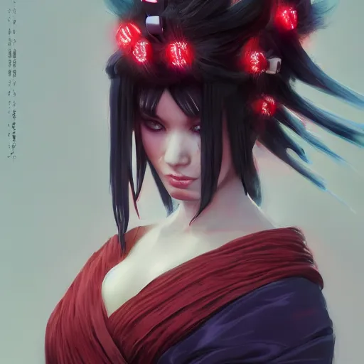 Prompt: geisha ninja girl anime, hyper detailed, digital art, trending in artstation, cinematic lighting, redhead, studio quality, smooth render, fluorescent skin, unreal engine 5 rendered, octane rendered, art style by klimt and nixeu and ian sprigger and wlop and krenz cushart