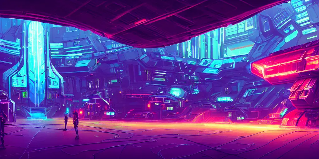 Image similar to the exterior of a celestial spaceship cyberpunk hangar in a bioluminescent walls decorated beautifully, lots of cyberpunk design elements like humanoids and mecha robots, warm sunlight shining in, lots of cables and neon signs, concept art 8 k resolution, fantasy illustration, sharp focus, detailed painting, deep color, volumetric lighting, crepuscular rays