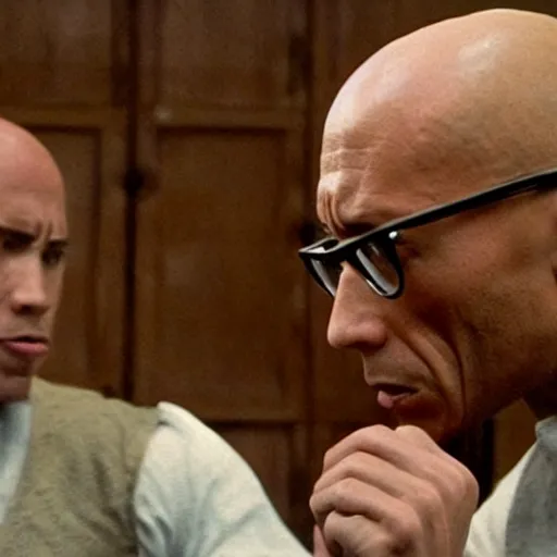 Image similar to Very intense fight sequence with Michel Foucault played by Dwayne Johnson fighting other philosophers in Foucault the biopic