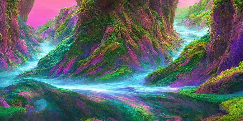 Prompt: digital illustration of a singular river flowing through a vibrant alien landscape, art by Steven Belledin, Beeple, and Caspar David Friedrich, colorful alien flora, wide angle, panoramic, fantasy, 8k resolution, deviantart, trending on Artstation, concept art, Terragen, HDR, Octane