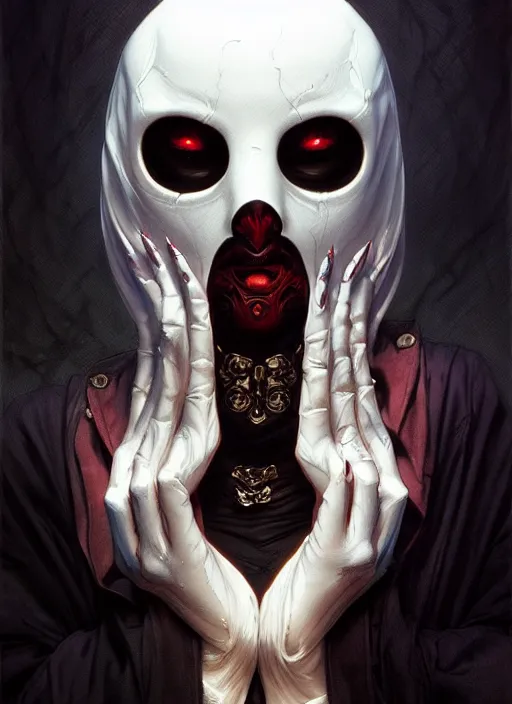 Prompt: ghostface from the movie scream, creepy, intricate, elegant, highly detailed, digital painting, artstation, concept art, smooth, sharp focus, illustration, art by artgerm and greg rutkowski and alphonse mucha