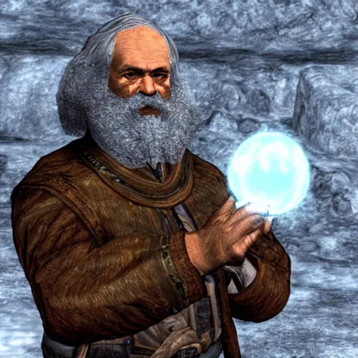 Prompt: Karl Marx pondering his Orb in Skyrim