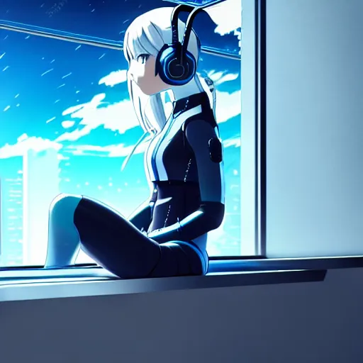 Image similar to cyborg - girl with silver hair, wearing headphones, and sitting on a window sill, highly detailed, painting, dark blue and black color palette, intricate, high quality anime artstyle, in the style of makoto shinkai