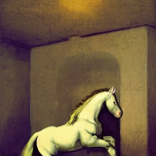 Prompt: a black unicorn in a gold haunted liminal room, digital painting by goya, colors by pontormo, lights by hopper, extreme detail, liminal aesthetic, background art nouveau