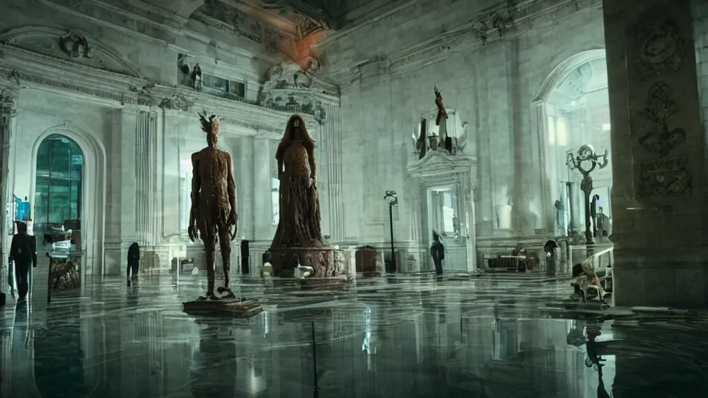 Image similar to the strange creature in city hall, made of wax and water, film still from the movie directed by Denis Villeneuve with art direction by Salvador Dalí, long lens