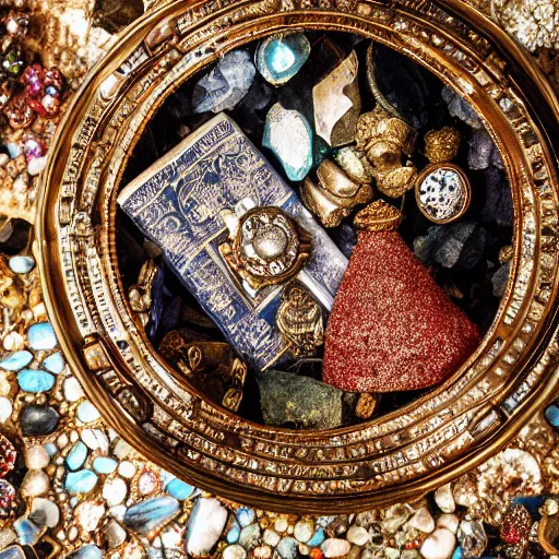 Image similar to epic daguerreotype of an ancient dark byzantine cave interior, ornate oil lamp on a pile of crystals, books covered in jewels, ornate, surrounded by strange crystals and treasure, full of sand and glitter, Indiana Jones, cinematic, jewels, 35mm lens