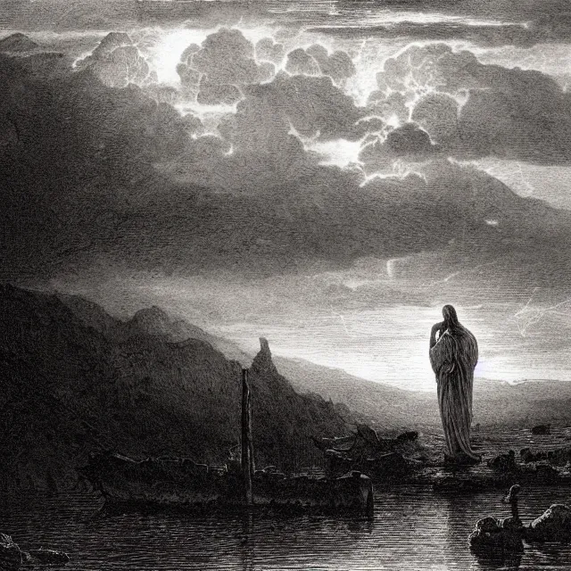 Image similar to an engraving of jesus in a river by gustave dore, caspar david friedrich, foggy, depth, strong shadows, stormclouds, illuminated focal point, highly detailed