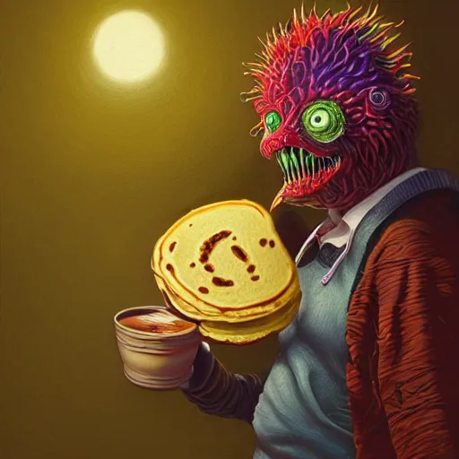 Image similar to a tennis ball monster eating pancakes drinking coffee, colorful, surreal, dramatic lighting, face, detailed, intricate, elegant, highly detailed, digital painting, artstation, chalk, concept art, smooth, sharp focus, illustration, art by sam spratt, dan mumford, artem demura and alphonse mucha