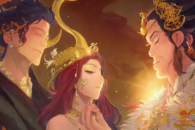 Image similar to close up moment of a divine a sun god and a moon goddess lovers magician at a wedding banquet, highly detailed, d & d, fantasy, 4 k realistic, digital painting, trending on artstation, concept art, sharp focus, illustration, art by makoto shinkai and akihiko yoshida and daniel gerhartz