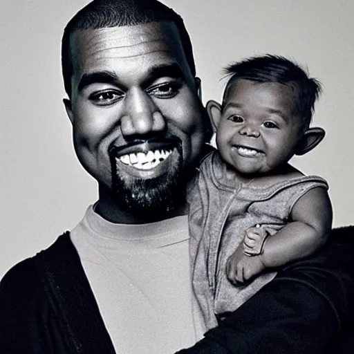 Image similar to kanye west smiling and holding holding babyyoda for a 1 9 9 0 s sitcom tv show, studio photograph, portrait c 1 2. 0