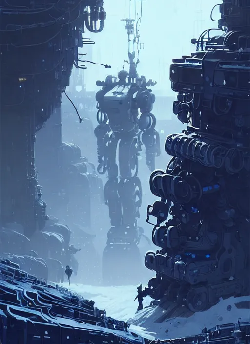 Prompt: highly detailed portrait of a hopeful frostpunk long blonde hair lady with mecha companion, stray wiring by atey ghailan, james gilleard, by joe fenton, by greg rutkowski, by greg tocchini, by kaethe butcher, 4 k resolution, gradient blue, black and white color scheme!!! ( ( glaciated dystopian city background ) )