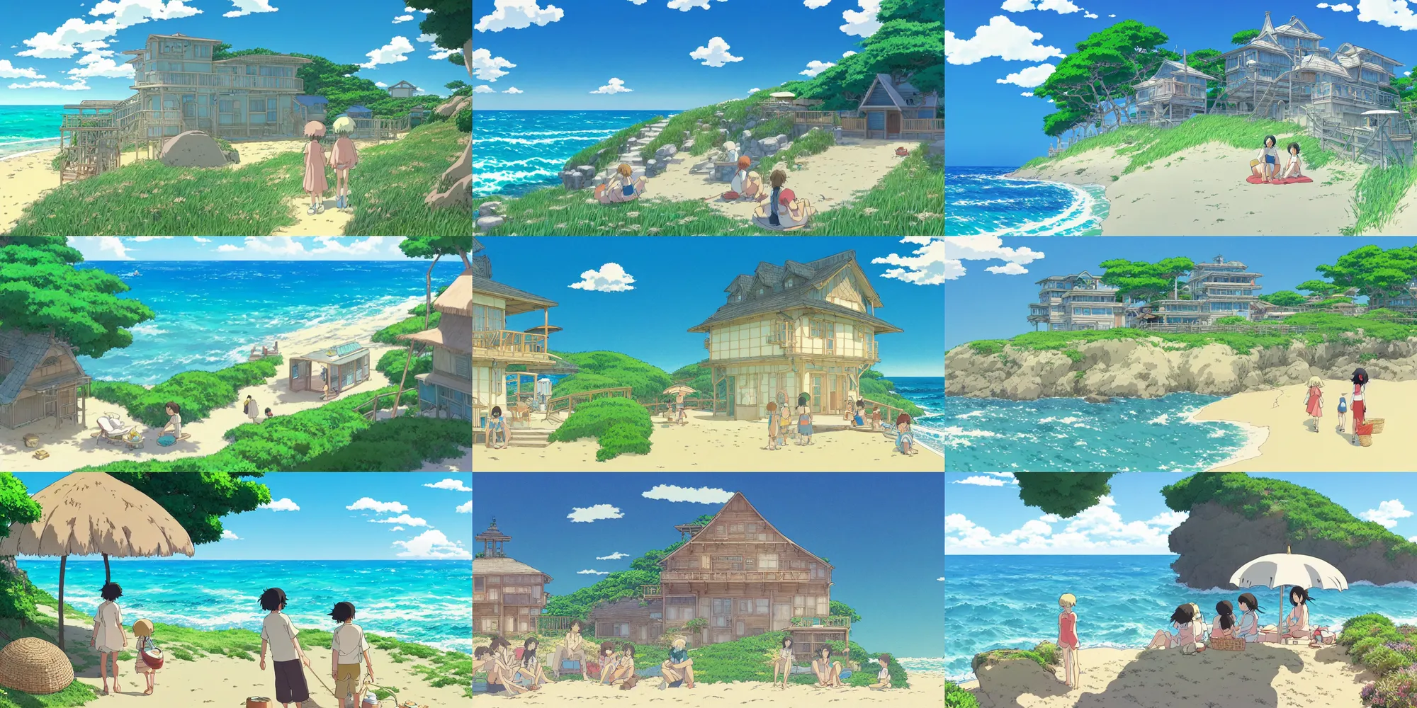 Prompt: storybook illustration by studio ghibli of a beach house on a sunny summer's day, by the ocean, in the anime film by Makoto Shinkai