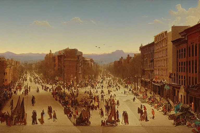 Prompt: birds looking down street of small but busy downtown midwestern town, 1 8 0 0 s, rule of thirds, matte painting, highly detailed, cinematic lighting, by albert bierstadt, frederic edwin church