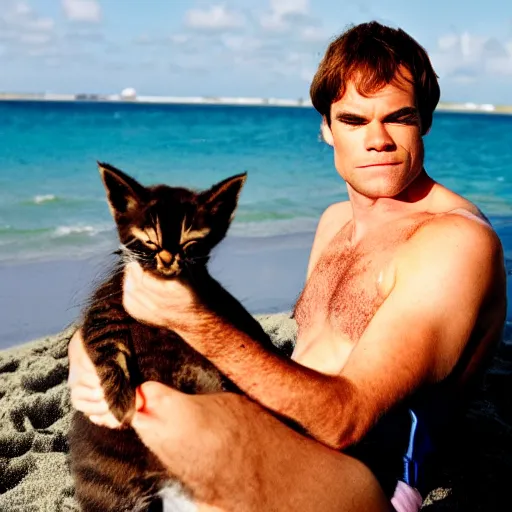 Prompt: dexter morgan snuggling a kitten on the beach in miami high resolution award winning photo