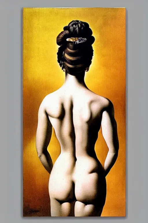 Image similar to beautiful woman by salvador dali, intricated details, 3 / 4 back view, hair styled in a bun, bendover posture, full body portrait, bright design, drips, autumn lights