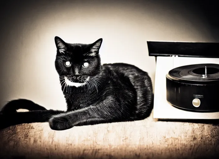 Image similar to photography of a Cat sitting on a record player. in a room full of posters, photorealistic, raining award winning photo, 100mm, sharp, high res