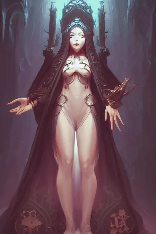 Image similar to a beautiful eldritch priestess girl standing on an altar wearing thick black robes | | cute - fine - face, pretty face, fine details by stanley artgerm lau, wlop, rossdraws, james jean, andrei riabovitchev, marc simonetti, and sakimichan, trending on artstation