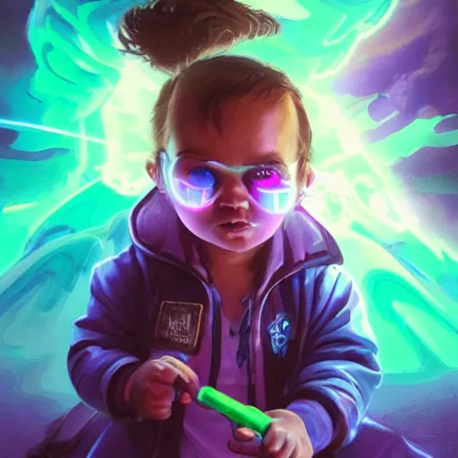 Prompt: a stylized portrait of a powerful baby with wavy brown hair and green eyes as an angry scientist, stylized, arcane magic, blue and purple vapor, neon color, vivid color, lens flare, volumetric light from below, background by justin gerard, hyperdetailed concept art by Ross Tran and Greg Rutkowski, high quality DnD illustration, trending on ArtStationHQ, 8k