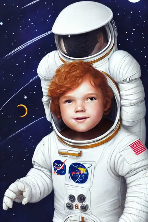 Image similar to a little boy with a cherubic michievous face and ginger hair. he is an astronaut, wearing a space suit. clean elegant painting, beautiful detailed face. by raymond swanland and artgerm and greg rutkowski