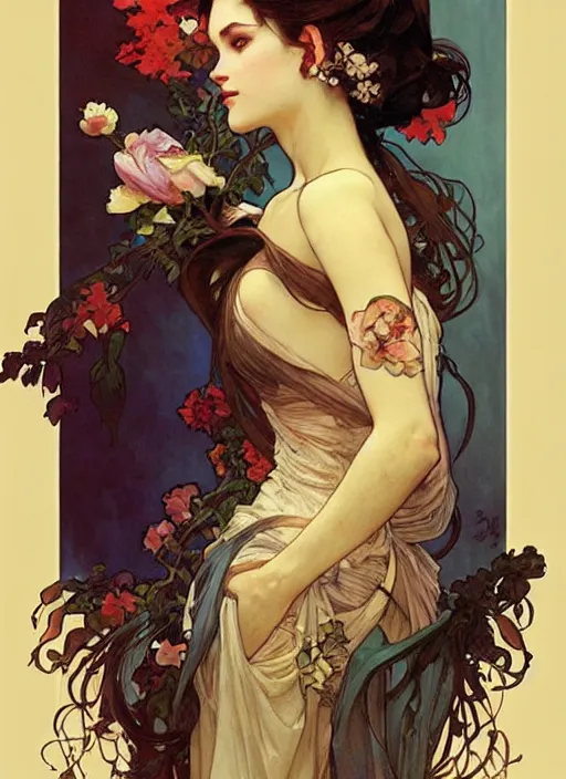 Prompt: romance. painting by artgerm and greg rutkowski and alphonse mucha.