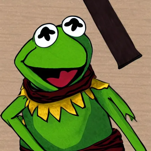 Image similar to kermit the frog as a barbarian warlord, sword and sorcery art