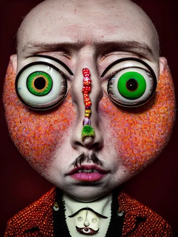 Image similar to a close up of a person with a weird looking eye, a character portrait by alexander jansson, featured on cg society, pop surrealism, made of beads and yarn, studio portrait, fisheye lens