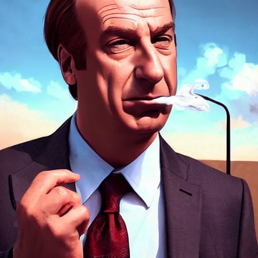 Prompt: saul goodman smoking , digital art , hyperdetailed , trending on artstation , matte painting , CGSociety , pinterest