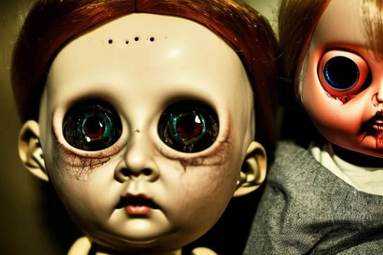Image similar to a creepy doll with very human eyes staring out at the viewer, horror movie