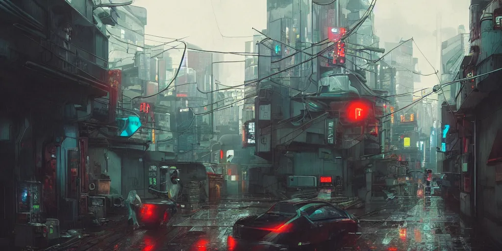 Prompt: Cyberpunk back alley with a futuristic car in the foreground on a rainy day in Japan, low angle view, detailed matte painting, cinematic, Simon Stalenhag, Artstation