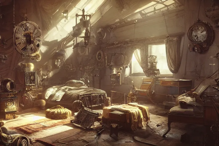 Prompt: interior of a steampunk bedroom, 3d scene, render, ultra realistic, zenith view, Greg Rutkowski, artstation, cgsociety, level design, unreal engine alien whale flying over a steampunk city, 3d scene, render, ultra realistic, zenith view, Enki Bilal style