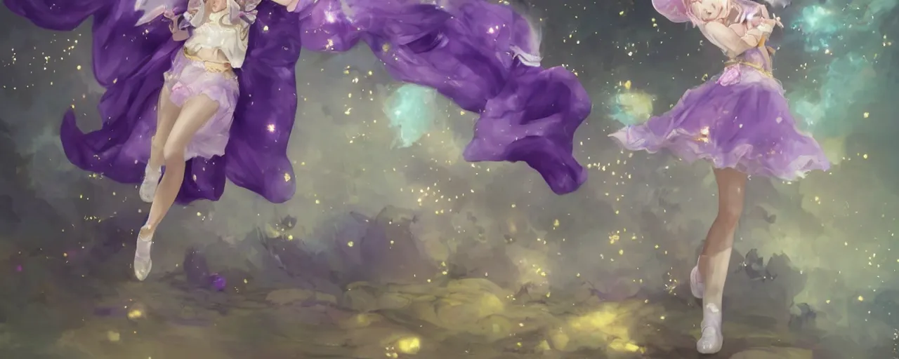 Image similar to Full View of a mysterious kpop fairy maidens with short blond hair wearing an oversized purple Beret, Baggy Purple overall shorts, Short Puffy pants made of silk, silk shoes, a big billowy scarf, Golden Ribbons, white leggings Covered in stars. Short Hair. peasant magic. masterpiece 4k digital illustration by Ruan Jia and Mandy Jurgens and Artgerm and william-adolphe bouguereau, award winning, Artstation, art nouveau aesthetic, Alphonse Mucha background, intricate details, realistic, panoramic view, Hyperdetailed, 8k resolution, intricate art nouveau, smooth, sharp focus