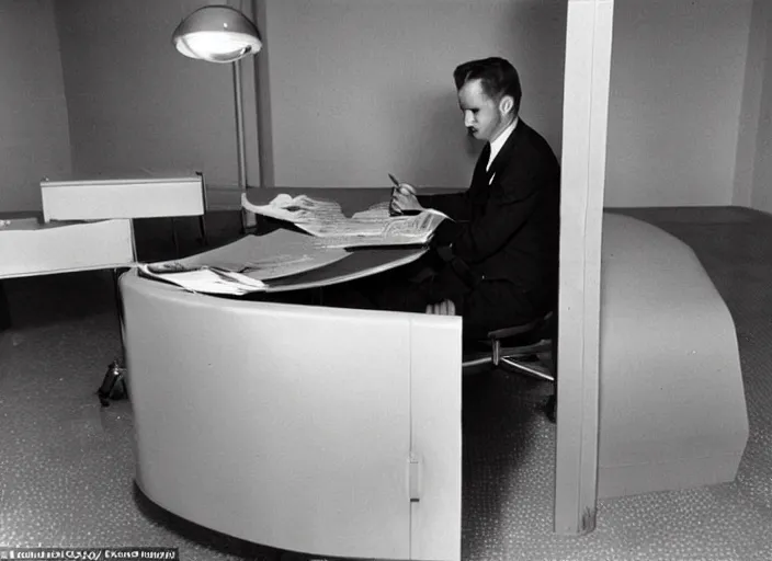 Image similar to an alien wearing a suit working a desk job at Area 51 in 1960s, archive photograph