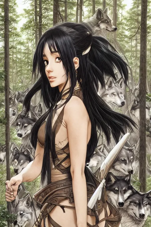 Prompt: Ariana Grande with black hair leading an army of wolves through the forest with her singing, manga, highly detailed, beauty, art by Takehiko Inoue, Artgerm, intricate, elegant, J. C. Leyendecker