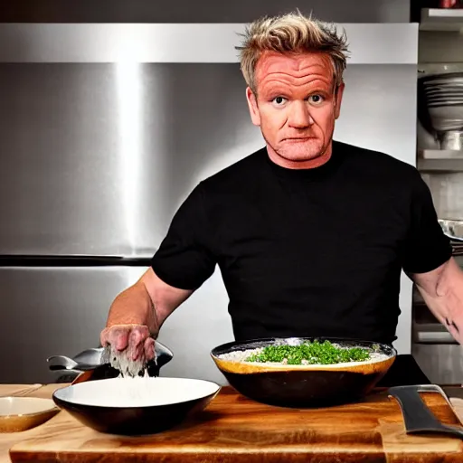 Image similar to gordon ramsey attempts to contain his unending rage when his risotto comes out dry