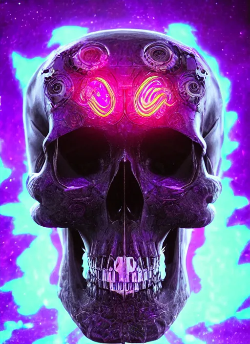 Prompt: a futuristic skull with glowing eyes and a purple background, fractal made of skulls, cyberpunk art by android jones, behance contest winner, computer art, darksynth, synthwave, rendered in cinema 4 d