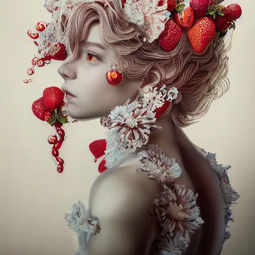 Image similar to the portrait of an absurdly beautiful, graceful, elegant, sophisticated, fashionable young gravure idol made of strawberries and white petals, an ultrafine hyperdetailed illustration by kim jung gi, irakli nadar, intricate linework, bright colors, octopath traveler, final fantasy, unreal engine 5 highly rendered, global illumination, radiant light, detailed and intricate environment